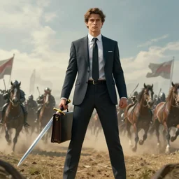 cinematic artwork of man in his twenties with brown hair wearing a modern business suit, holding a briefcase in one hand and a golden hilted sword in the other hand, standing defiantly on a battlefield before a cavalry charge of warriors by Greg Rutkowski, 4k, masterpiece