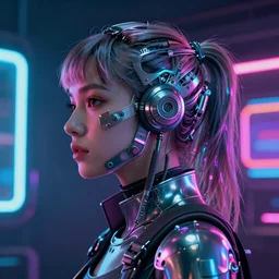 A profile portrait of a cyberpunk female,full metal overlay,neon colors,neon background, f1.8, 50mm, vibrant light leaks,high detailed, intricate detail,high contrast, hyper realism 8k,trending on artstation.