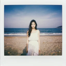 female jesus at the beach posing for a polaroid