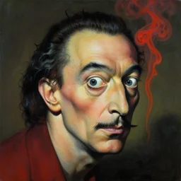 my head is covered with black and red smoke, a painting by h. r giger and salvador dali. hyper detailed portrait.