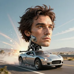 Giant half robotic head of David Copperfield, dark hair, heavy eyebrows, on the top of a robotic car with wheels running on a californian highway, rays of light, particles light, kuvshinov ilya, unreal engine