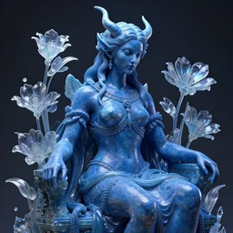 hyper detailed 3 d render. neoclassicist renaissance close - up of singularity blue demon seated, translucents flowers, iridescent textures. highly detailed, dark and volumetric. artstation solitude