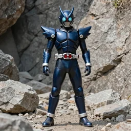 High Fantasy Kamen Rider standing in a rock quarry, 4k, glowing eyes, daytime, rubber suit, dark blue segmented armor, dragon inspired armor, centered