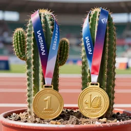 photo two cacti at the track and field competition won the gold medal, photorealistic, realistic, detailed, hyperrealistic, 8 k, hdr, 8 k resolution, lossless quality, high resolution, high quality