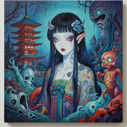 acrylic painting of a bizarre psychedelic woman in japan surrounded by nightmares and decay, mixed media collage by basquiat and jackson pollock, maximalist magazine collage art, retro psychedelic illustration