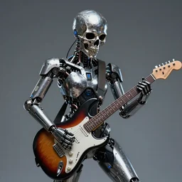 a portrait of an anthropomorphic cyberpunk metal skull, shredding an electric guitar by sandra chevrier, by jon foster, detailed render, epic composition, cybernetics, 4 k realistic, fender stratocaster, cryengine, realistic shaded lighting, sharp focus, masterpiece, by enki bilal