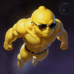 anthropomorphic badass muscular lemon character, wearing cool sunglasses, highly textured, flying through space, by Frank Frazetta, trending on artstation, highly detailed