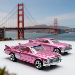 3 5 mm photo of metallic pink cadillac like hot wheels model with san francisco as background, epic cinematic, epic lighting