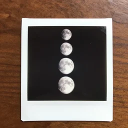 the five phases of the moon, occult, vast cosmos, a polaroid photograph on a table