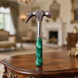 realistic beautiful hdr 3 2 mm photograph of a royal hammer decorated with gemstones and a shiny malachite handle, sitting on a fancy wood table, mansion in the background, bokeh