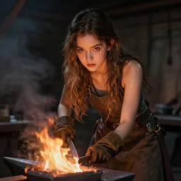 idealistic portrait of a lovely young girl working in a blacksmith's forge, clear eyes, fair skin, beautiful hair, gloves, sweating, fantasy art, fire, 8 k digital art, unreal engine, far away, in the style of greg simkins and h. r. giger,