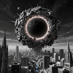 photo of a black hole is destroying a gothic cyberpunk City