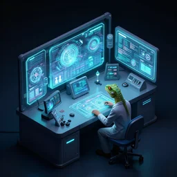 dark isometric tech lab with shiny holographic control panels and a lizard scientist operator