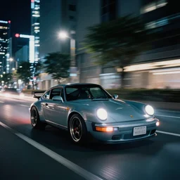 photo of a porsche 911 at night driving fast through a city, cinematic, 4k, long exposure photography, tokyo drift, fast and furious, film still, night photography, motion blur, lens flare, movie shot, light trail