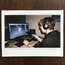 Bjork playing Counter Strike 1.6 on an old PC, polaroid, side view
