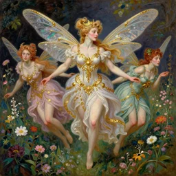 fully clothed pixies with dragonfly wings in a garden flying over flowers, ornate gilded details, pastel colors, a surrealist painting by jacek yerga and tamara de lempicka and jesse king, wiccan, featured on cgsociety, pop surrealism, surrealist, dramatic lighting