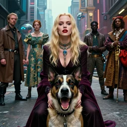 realistic detailed movie shot of a beautiful blond vampire woman with an angry dog, futuristic street background by denis villeneuve, amano, yves tanguy, alphonse mucha, max ernst, kehinde wiley, caravaggio, roger dean, cyber necklace, rich moody colours, wide angle