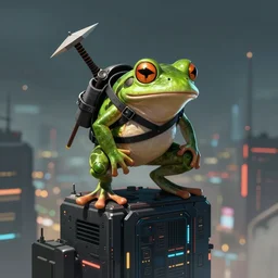 A ninja frog with a big shuriken on its back standing at the top of a cyberpunk building, artstation, atmospheric, concept art, digital art