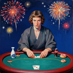 single man in kimono, sitting at an extremely detailed poker table with the detailed princess leia, sake, coca cola, donuts, on the table, fireworks and stars on the background, by andy warhol, by roy liechtestein, canvas, acrylic paint, cool colour palette, masterpiece, 4 k, ultra - hd