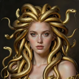 realistic portrait of beautiful medusa with her snakes, greg rutkowski, seb mckinnon, golden, facing the camera, delicate, hyper realism, 1 4 5 0, ink, ultra realistic, 8 k