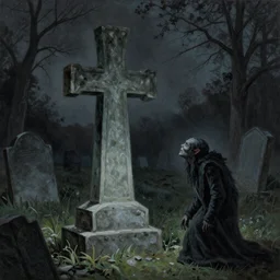 A beautiful painting of a cross headstone in a old cemetary a ghoul looking up at it from the grave lighting in the background            dark color scheme