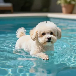 a cute bichon puppy swimming in a pool, professional photography, sharp, focus, depth of field