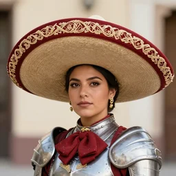 head and shoulders portrait of a female knight, mexican, sombrero