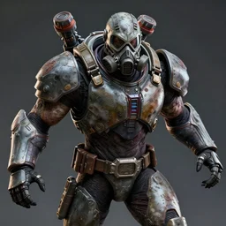 a award winning action upper body portrait of nuke zombie with a breathing mask while wearing futuristic bodyarmor and pauldrons, outrun, vaporware, highly detailed, fine detail, intricate