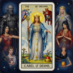 beautiful tarot card of the queen of dreams by carol bak, jacek yerka, dan mumford, alex gray, victo ngai and h.r. giger, oil on canvas, symmetrical, 8k highly professionally detailed, HDR, trending on artstation