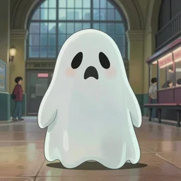 a scary looking but very friendly transparent cartoon ghost at Chicago train station in the style of a ghibli movie