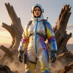 portrait of a beautiful woman in a hazmat suit, unreal engine, octane render, driftwood, sunlight, dusk, gigantic, 3 d, brilliantly coloured, intricate, ultra wide angle, physically based rendering, trending on artstation, dust, volumetric lighting, hdr, polished, micro details, ray tracing, 8 k, by rhads by greg tocchini, by james gilleard, by joe fenton