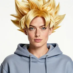 face photo of margot robbie as super saiyan as goku powering up wearing hoodie by annie leibovitz