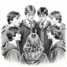 pencil drawing bunch of charachters from harry potter looking at each other