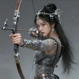 beautiful extremely detailed intricate concept art depicting an archer by wlop. shining jewelry. grey atmosphere. particles in the background.