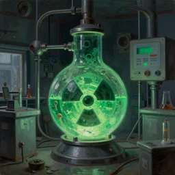 classic oil painting, a glowing green radioactive vessel inside of an abandoned gray lab, as a dnd cover illustration, science equipment, ominous, concept art, extremely detailed, smooth, sharp focus, art by brothers hildebrandt
