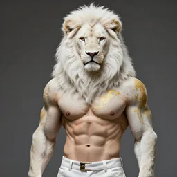 award winning beautiful portrait commission of a male furry anthro albino lion with tattoos on his muscular belly with a beautiful hyperdetailed attractive outfit and face wearing a golden and red winter cozy outfit with red background and white snow falling around lion. Character design by charlie bowater, ross tran, and makoto shinkai, detailed, inked, western comic book art
