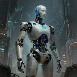 an illustration of consciousness emerging in a large language model ai robot in the style of greg rutkowski and algernon blackwood, realistic digital painting, brutalist futuristic, cymographic lighting