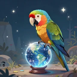 Wizard parrot ponders their magic orb , digital art