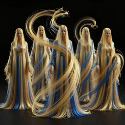 five long, flowing cloaks made of millions of thin ribbons and threads of translucent gold and blue that are twisting, swirling, unraveling, and pulling apart into vast webbing structures, unreal engine