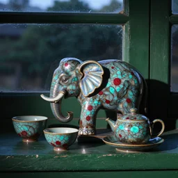raku elephant tea set on a green window sill in evening, feathered, raku metallic, turquoise mottled, ruby crackle, spot lit, deep color, bioluminescent