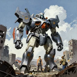 heavy mecha robot in the abandoned city by frank frazetta, greg rutkowski, beeple, yoko taro
