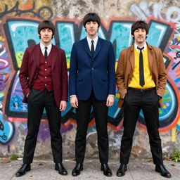 the beatles dressed up ln sargent peppers outfits, high level of detail in the style of meres one graffiti