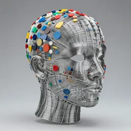 a head, made of chrome wires and colored plastic pieces