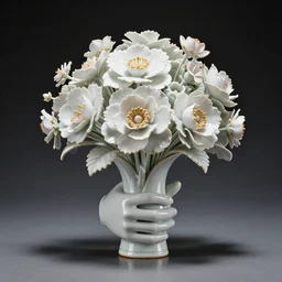 photo of a porcelain hand holding a bouquet of flowers, highly realistic, elegant, smooth, sharp focus, volumetric lighting, reflective, zeiss 3 5 mm, 4 k