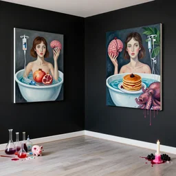 an empty apartment with black walls and a portrait of a female art student holding a brain, iv drip, bath, pomegranate, organic, femme, high voltage, pancakes, berries, octopus, surgical supplies, pig, scientific glassware, art materials, candle dripping wax, berry juice drips, neo - expressionism, surrealism, acrylic and spray paint and oilstick on canvas