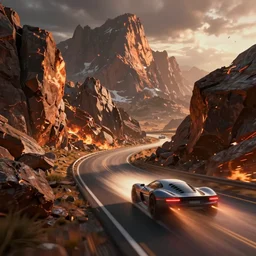 dynamic spacecraft speed race road into the hot mountain rocks. Concept art sheet study by Blizzard and Ubisoft