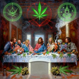 hyper realistic portrait painting of the apostles at the last supper smoking marijuana ( intricate detail, hot neon green ornaments, marijuana leaves ) wet, marijuana buds, by saturno butto, boris vallejo, austin osman spare and david kassan, by bussiere. occult art, occult diagram, red and green color scheme.