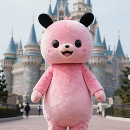 a pink japanese mascot costume with a castle in the background, hyperrealism, creepy