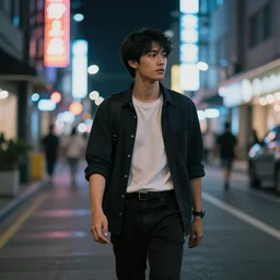 a young man with black hair, walking down a neon-lit street at night, 8K high-resolution photograph, bokeh, highly-detailed