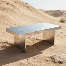 a modern table made of rectangle tetris, made of silver steel and oasis, octane render, trending on artstation, on the sunny rough desert slope